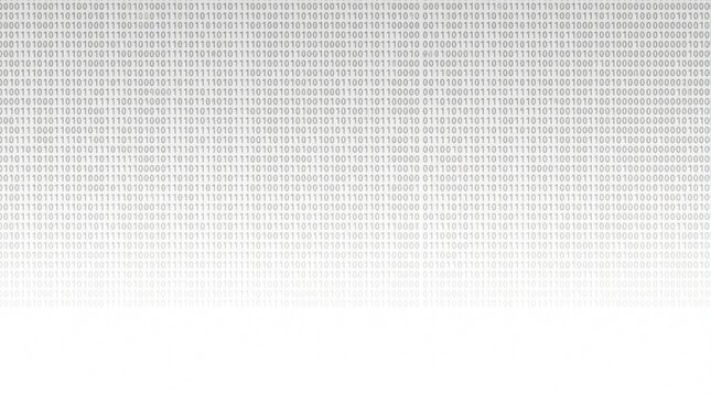 Abstract digital pattern with repeating binary code numbers. Minimalist white background features endless sequence of zeros, ones. Modern tech wallpaper shows computer data stream, software
