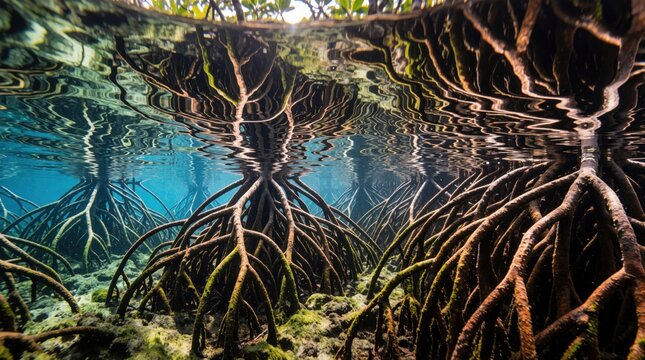 Tangled mangrove roots grow under clear blue water. Intricate tree branches create complex patterns on calm ocean surface. Tropical wetland ecosystem shows natural growth in wild coastal forest.