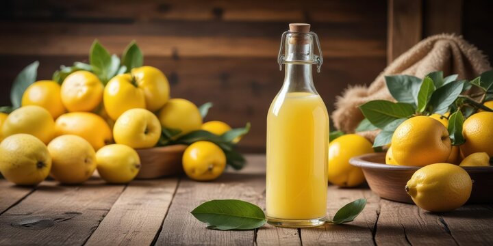 Close up of a bottle of Italian limoncello with fresh lemons in the background