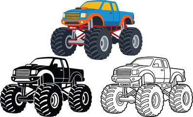 Monster truck flat illustration in color silhouette and line art style © Rafil