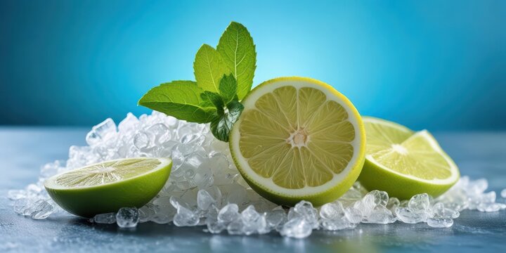 Freshly squeezed lime juice drips from a slice of lemon onto a bed of crushed ice with a sprig of peppermint , citrus