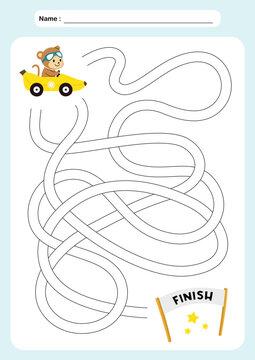 Cute maze for kids. Maze activity sheet for children. Kids labyrinth puzzle. Colorful maze puzzle game for children with cute animal driving car illustration