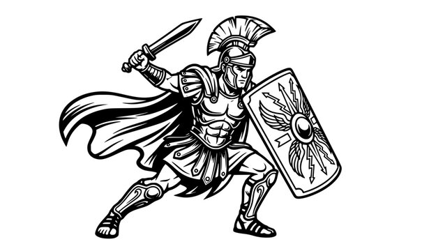 Dynamic Roman gladiator warrior with sword and shield cartoon black white vector illustration