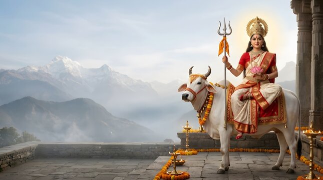 Divine hindu goddess parvati riding nandi bull in a mountain temple setting with traditional lamps