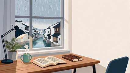 Fototapeta premium Rainy Day Study Desk with Tea Steam and Water Town View Through Window