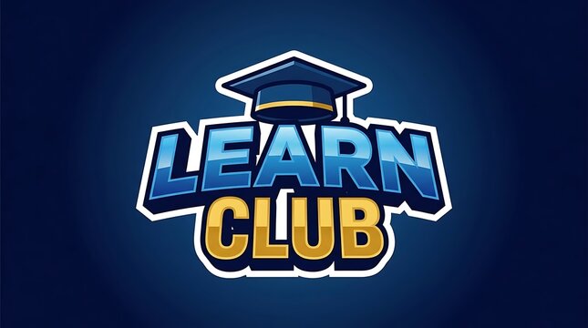 Branding and educational identity logo with graduation cap and text. Bold blue and gold color scheme. Rounded lettering for modern corporate and edtech branding