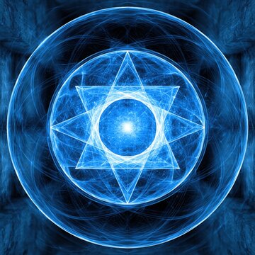 An abstract glowing blue mandala with a star of David in the center, surrounded by concentric circles of light and energy
