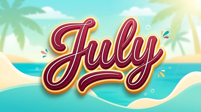 Summer vacation and beach holiday celebration text design. Handwritten cursive script font with gradient colors. Tropical beach scene with palm trees and turquoise ocean waves