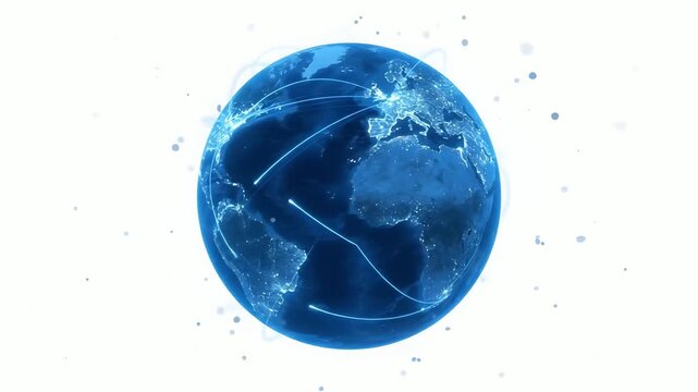 Futuristic animation of a digital globe with glowing data connections and network lines representing global communication and the internet.