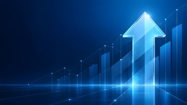 Large transparent blue glass upward arrow over a digital bar chart representing clear financial success and corporate market growth