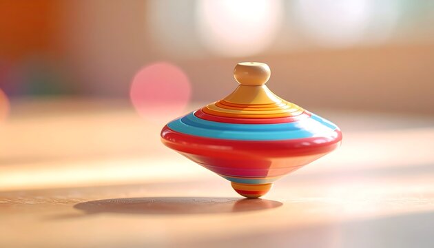 Colorful wooden spinning top toy balanced on smooth wooden surface during bright sunny day