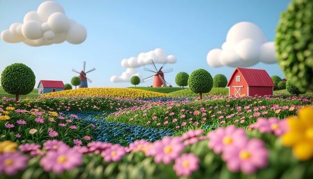 Cartoon landscape with windmills and red barns in a flower field