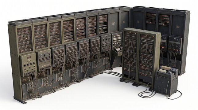 Early electronic supercomputer model showing vacuum tube racks and wire patch panels