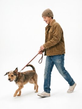 Smiling man walking his cute mixed-breed dog on a leash against a white background123