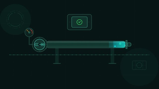 Futuristic industrial machine interface with a warning gauge and HUD elements