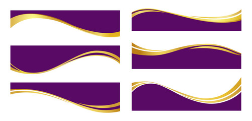 Fototapeta na wymiar Letterhead waves with purple and gold borders, business certificate violet footers and dividers. Vector set of elegant curved bands with golden lines for corporate document headers, banners, layouts