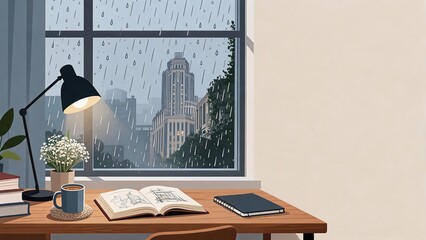 Fototapeta premium Cozy indoor study scene with black lamp illuminating wooden desk and rainy city view through window