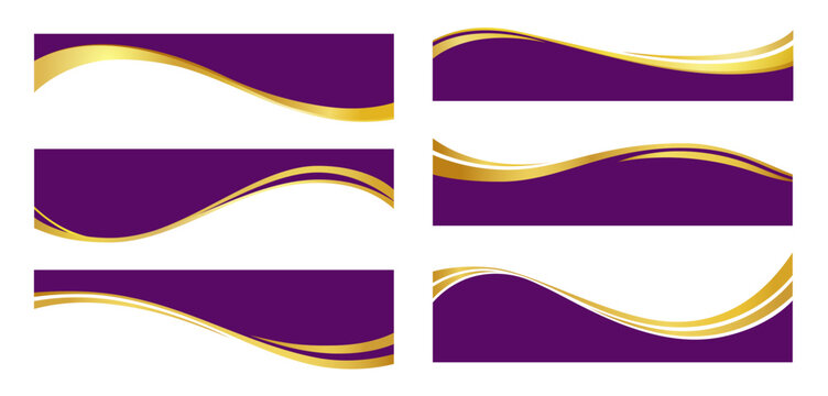 Letterhead waves with purple and gold borders, business certificate violet footers and dividers. Vector set of elegant curved bands with golden lines for corporate document headers, banners, layouts