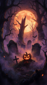 Spooky halloween background with glowing jack o lantern pumpkin in haunted cemetery graveyard under full moon vertical poster
