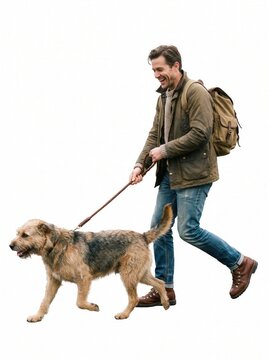 Smiling man walking his cute mixed-breed dog on a leash against a white background123