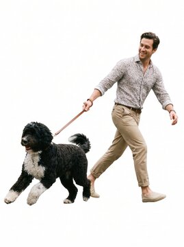 Smiling man walking his cute mixed-breed dog on a leash against a white background123