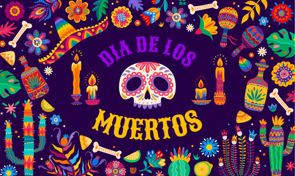 Day of the Dead festival Dia de Los Muertos holiday banner. Horizontal Dia de los Muertos festival banner with floral sugar skull, sombrero, candles, maracas and marigold flowers for Mexican flyers