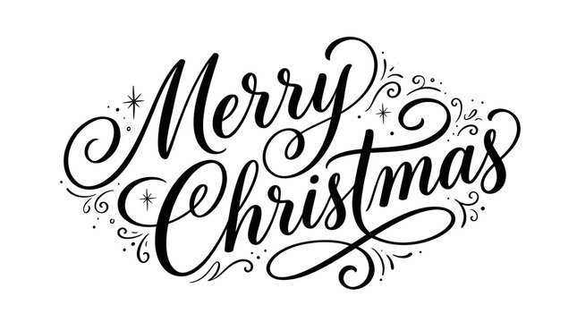 Elegant black calligraphy reading merry christmas with decorative swirls and scattered star ornaments handwriting lettering script typography holiday festive ornament