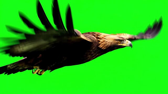 Golden eagle soaring through the air with rhythmic wing flaps against a bright green screen background for vfx