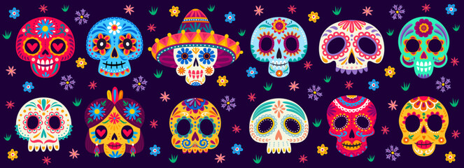 Naklejka na ściany i meble Mexican Day of the Dead sugar skulls face masks. Dia de Los Muertos Mexico festival calavera skeleton heads with vibrant folklore ornaments and floral details for holiday sale banners