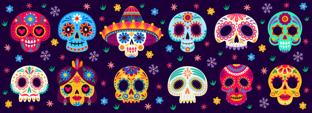 Mexican Day of the Dead sugar skulls face masks. Dia de Los Muertos Mexico festival calavera skeleton heads with vibrant folklore ornaments and floral details for holiday sale banners