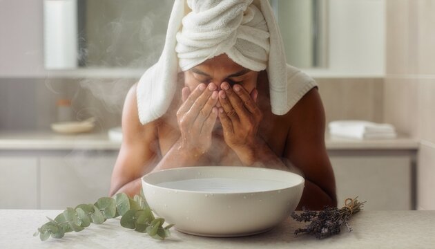 Home spa facial steam ritual, person seated in front of a bowl of warm water with a towel draped over the head, only hands and shoulders visible.