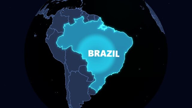 4K loop animation of a futuristic holographic 3D digital globe rotating and zooming into an elevated glowing Brazil map with neon borders and 3D country text. Ideal for geopolitics, tech broadcast, So