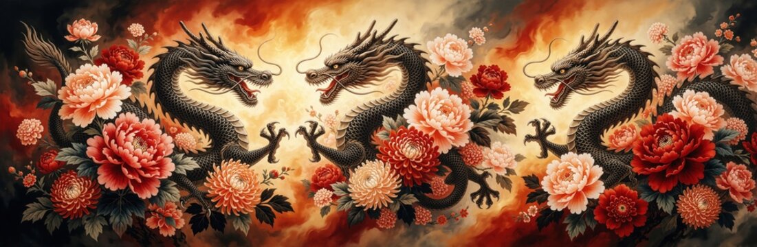Three black dragons fly among large red, pink peony flowers. Oriental dragon pattern with floral art on warm golden background. Traditional Asian style illustration for Lunar New Year, oriental