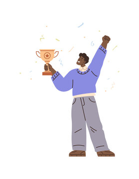 Black man holding gold trophy and celebrating victory vector illustration. Business success, achievement, personal growth, winner, leadership, career milestone. African American male with award