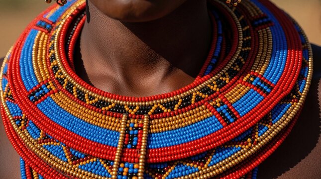 Close up of person wearing vibrant traditional bead jewelry. Colorful ethnic necklace with red blue, gold patterns shows intricate handmade craftsmanship. African tribal adornment represents rich