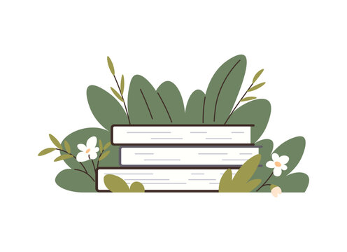 A stack of three books with green leaves and white flowers vector illustration. Education, literature, nature study, library, reading, ecology. Pile of textbooks amidst foliage and blossoms