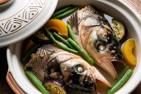 Traditional Filipino fish head stew Sinabawang ulo ng isda in ceramic pot. Fresh fish heads cook with green beans, eggplant, squash in savory broth. Tasty Asian seafood meal served hot in clay bowl