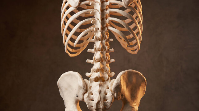 Human skeletal torso with ribcage and pelvis under warm lighting