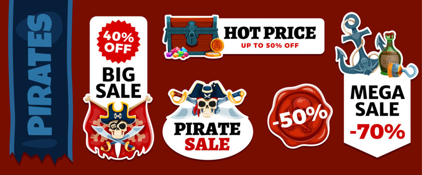 Sale offer tags with pirate elements. Vector buccaneer promotion labels. Discount badges advertise pirate sale prices and special offers, decorated with skulls, crossed swords, treasure chest, coins