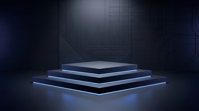 Modern futuristic tech platform with glowing blue LED cube base, minimalist architectural lighting design, sleek geometric shadows, high-tech workspace aesthetic