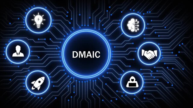 Dmaic methodology concept with digital circuit board background, featuring for define, measure, analyze, improve, and control processes, in six sigma, management and business, optimization strategy