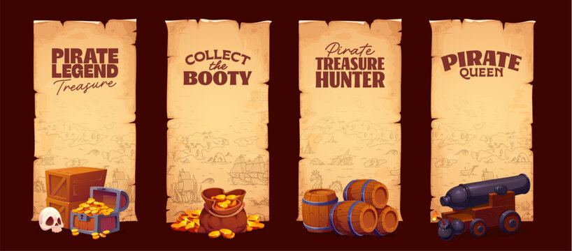 Pirate, filibuster and corsair old paper scroll banners. Vector cartoon parchments with treasure map drawings, gold coins, chest, skull, wooden crates, money bag, barrels and cannon for sea adventure