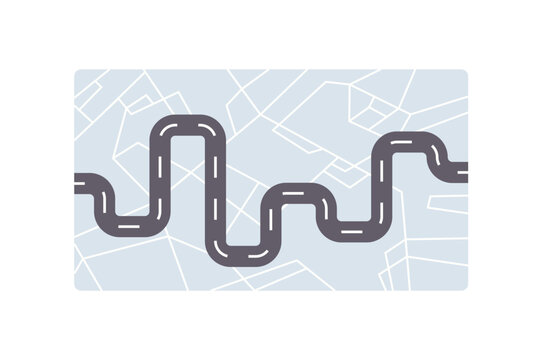 Winding road on a city map background vector illustration. Navigation, travel planning, logistics, route optimization, urban transport, journey direction. Curvy highway on street atlas