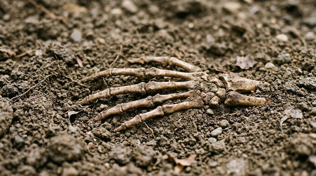 Skeleton Hand Emerging From Soil Archaeological Dig Remains of Life