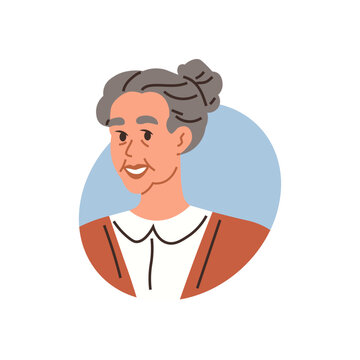 Smiling elderly woman with gray hair in a bun wearing a cardigan vector illustration. Retirement, geriatric care, family history, senior lifestyle, social services, aging. Mature lady with silver