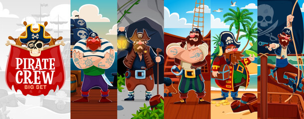 Naklejka premium Cartoon sail ship crew member corsair and pirate characters collage. Vector buccaneer personages with tricorn hats, beards, swords, hook, treasure chest and parrot aboard vessels, on tropical shore
