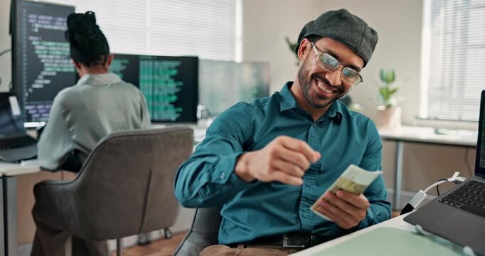 Man, programmer and smile in office with cash, counting earnings and money laundering profit. Coder, coworking and euros in company from insurance scam, illegal spyware and fake baking software