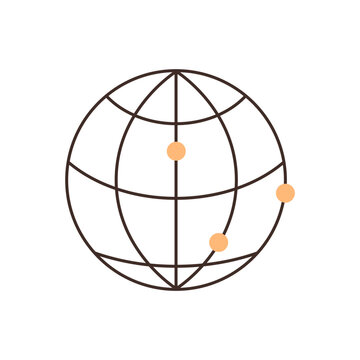 Globe icon with grid lines and orange location points vector illustration. Global networking, logistics, international business, communication, travel, data points. Earth sphere with meridians