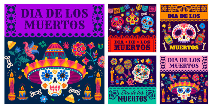 Mexican Day of the dead Dia de Los Muertos holiday banners. Five Dia de los Muertos banner designs featuring papel picado borders, maracas, candles and sugar skull faces for Day of the Dead festival