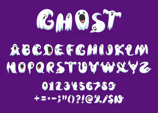 Halloween ghost font, scary spirit letters, funny creepy typeface characters. Vector playful spooky abc letters, numbers and signs, monster typeface, cartoon evil type, funny holiday English alphabet